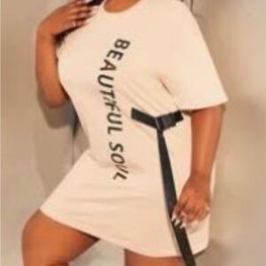 Beige T-Shirt Dress with Black Belt